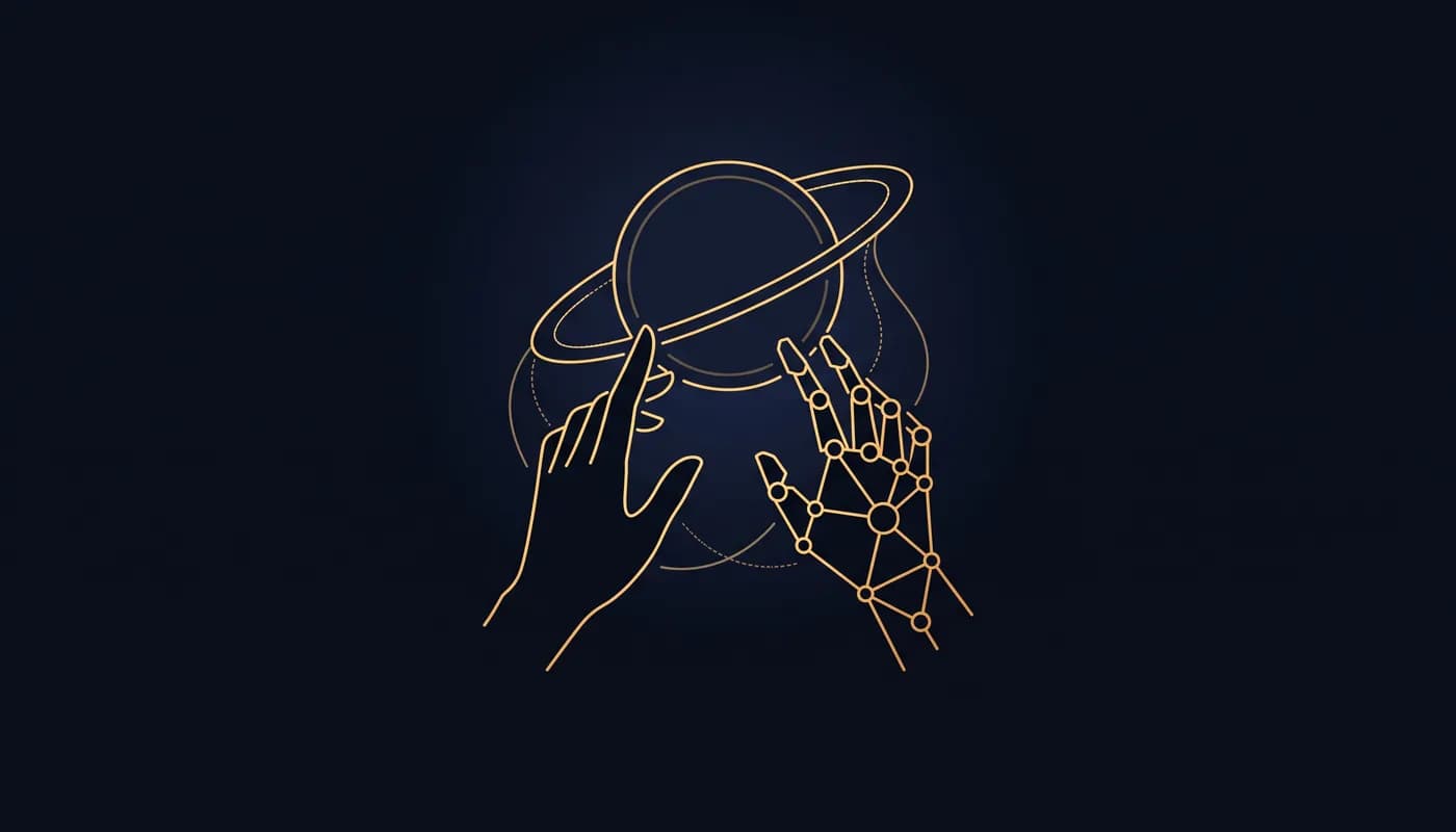 Line drawing of a human hand and a circuit-node hand meeting at a shared orbital ring with connecting lines