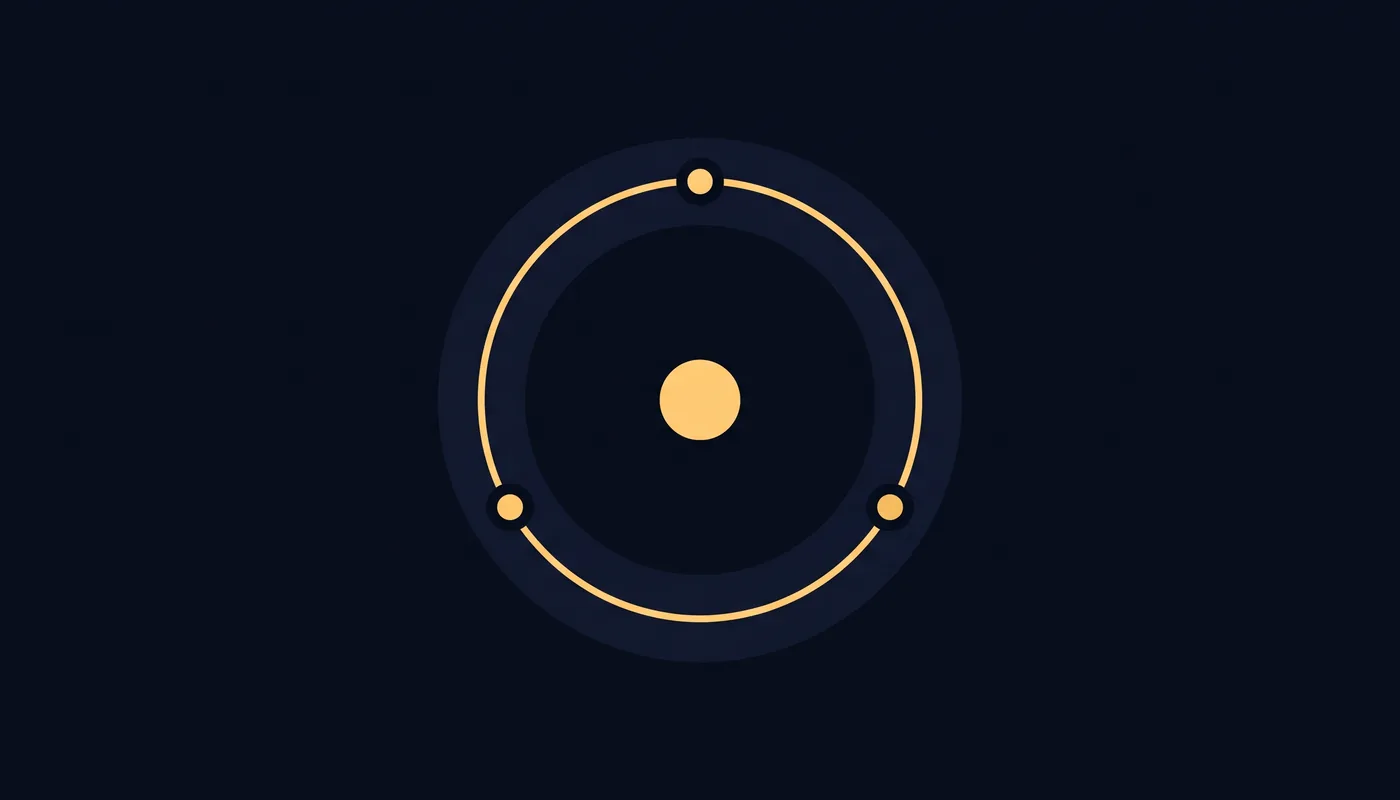 Flat line-art of a central dot circled by an orbital ring with three evenly spaced points along it