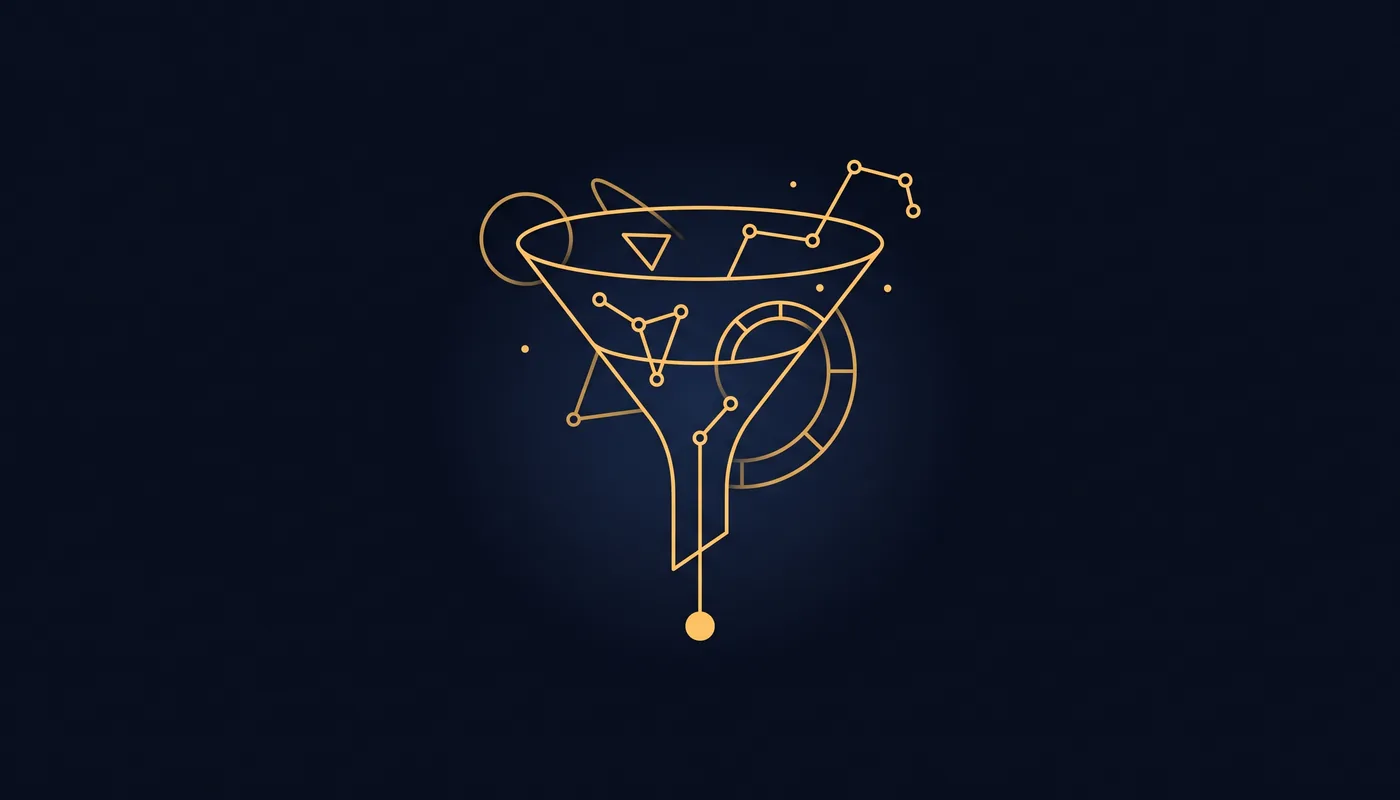 Line-art funnel tapering into one continuous path ending in a single filled gold dot
