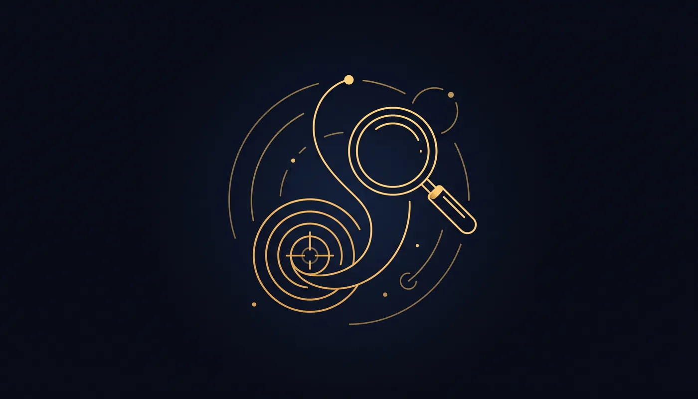 Line-art magnifying glass above a concentric target ring with a curved funnel line spiraling into the center