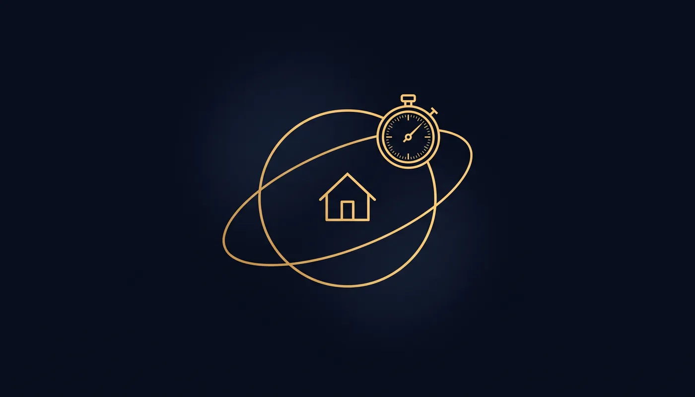 Line-art house inside a circular orbit ring with a stopwatch marker sitting on the ring's path.
