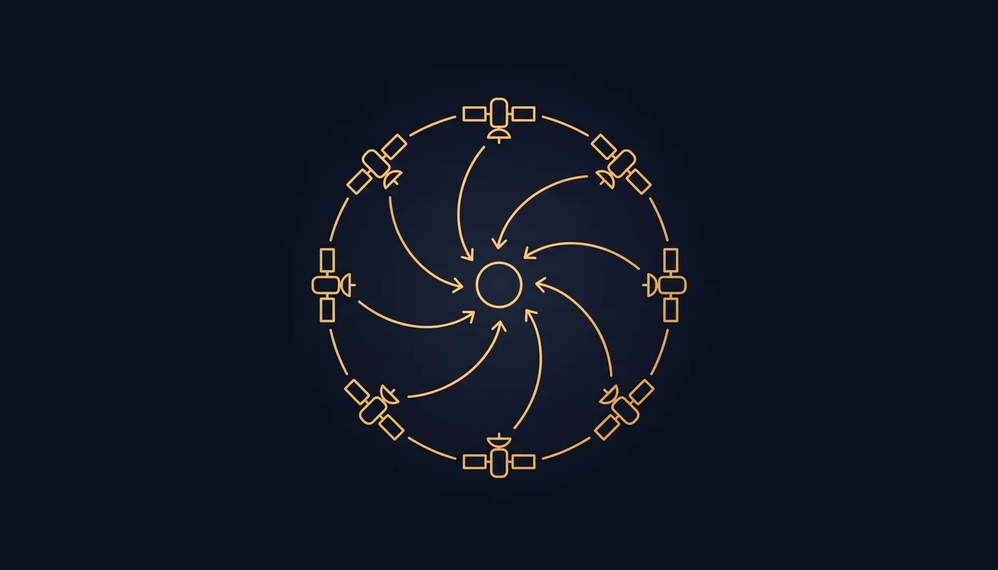 Central circle with multiple satellite dots, curved lines drawing them inward toward the hub