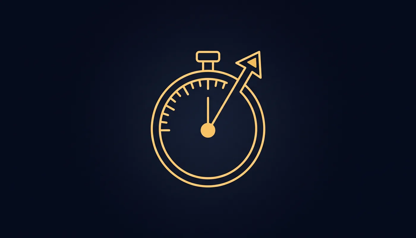 Thin gold line drawing of a stopwatch merged with an upward arrow on solid navy background