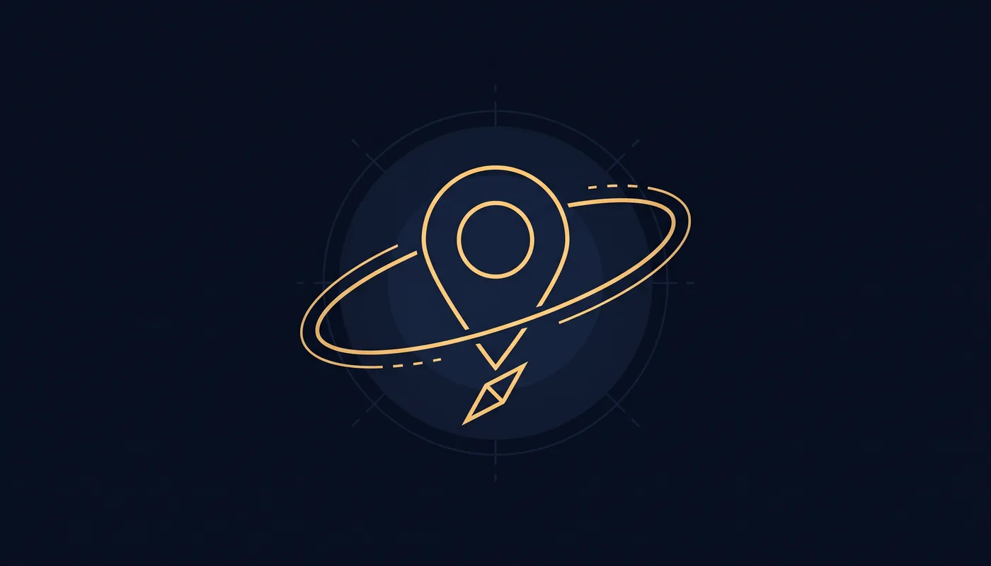 Flat line-art map pin encircled by one orbital ring with a compass needle at its base