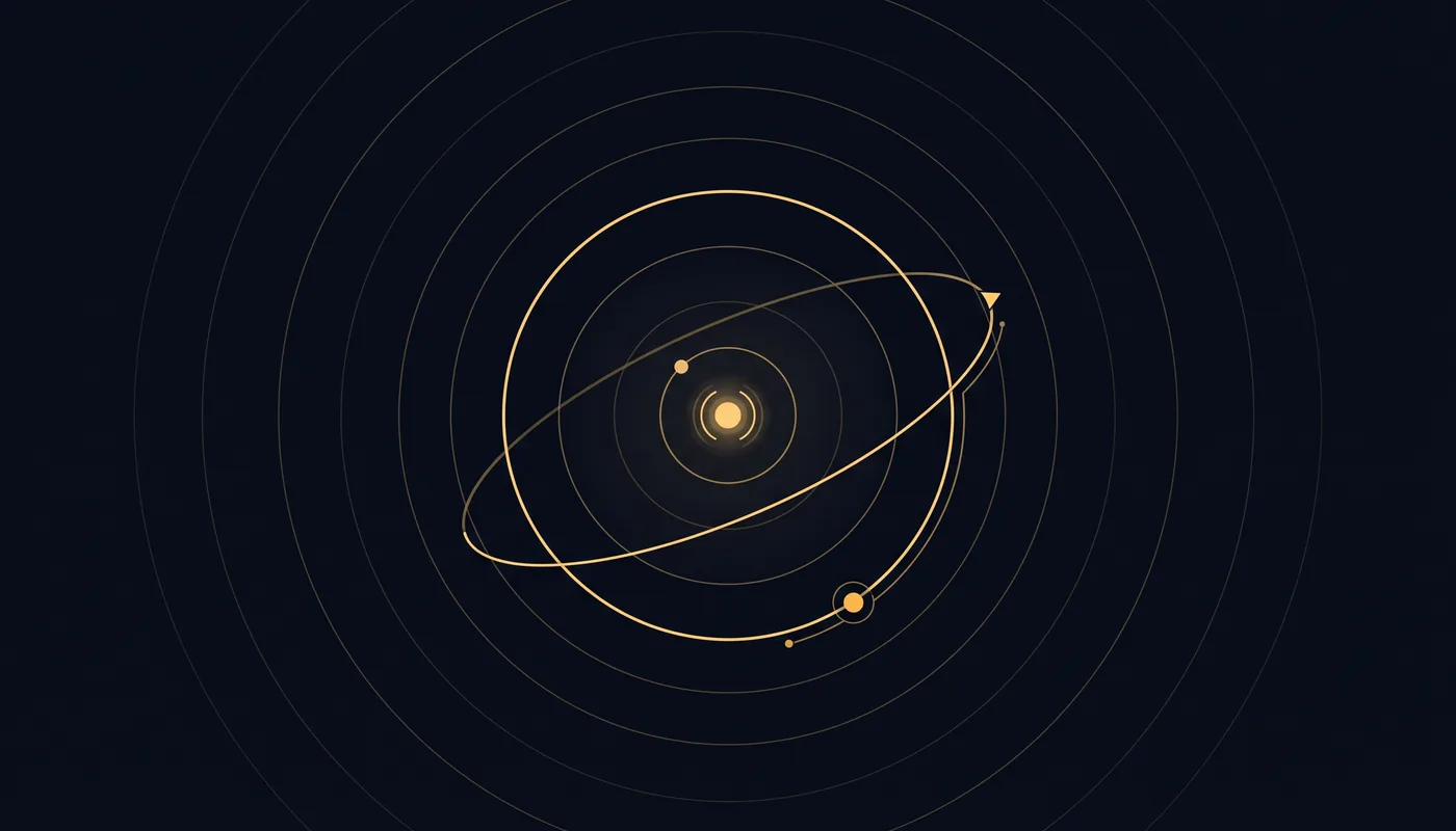 Flat line-art of a small central node orbited by a ring with concentric pulse rings
