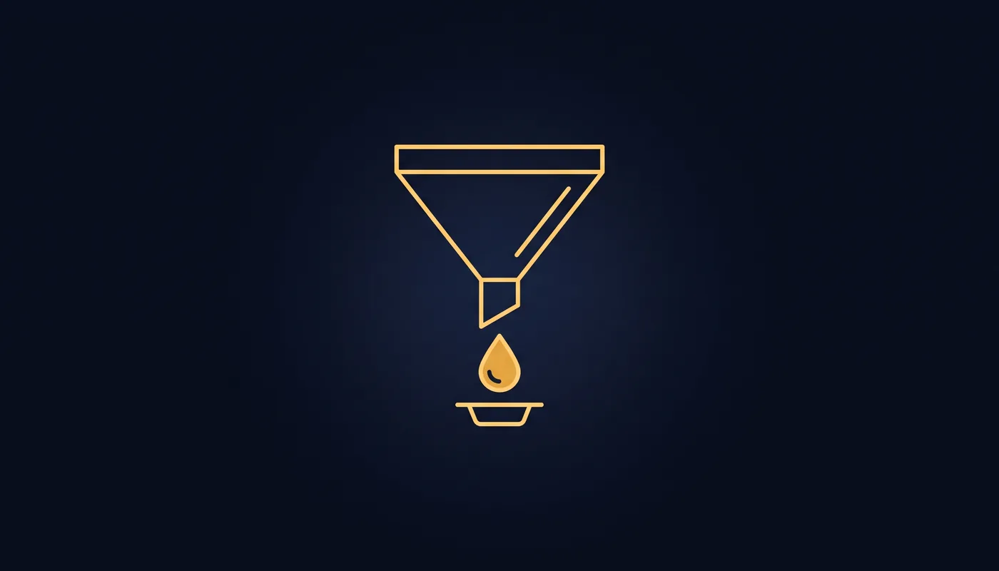 Flat line-art funnel with one gold droplet falling into a small round node beneath