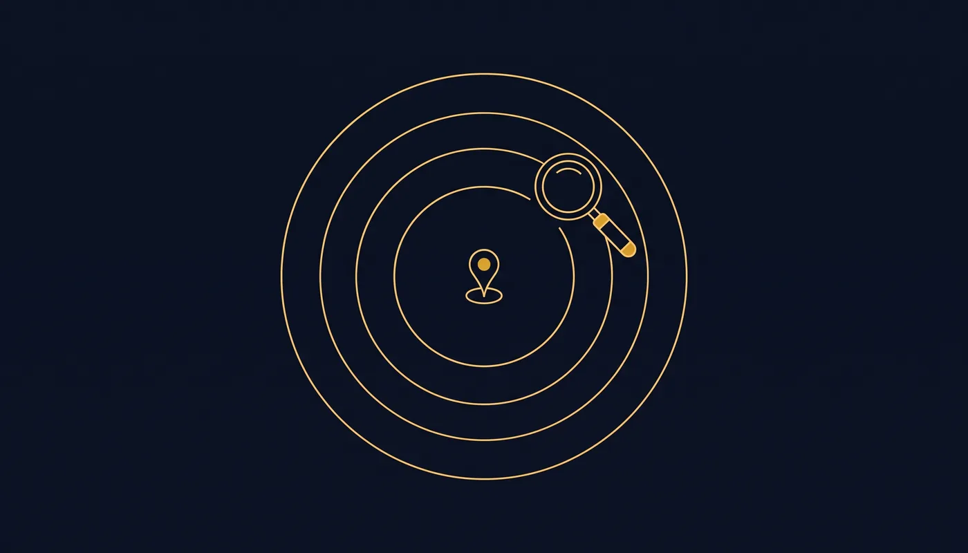 Line-art magnifying glass circling a location pin inside concentric orbital rings on deep-navy background