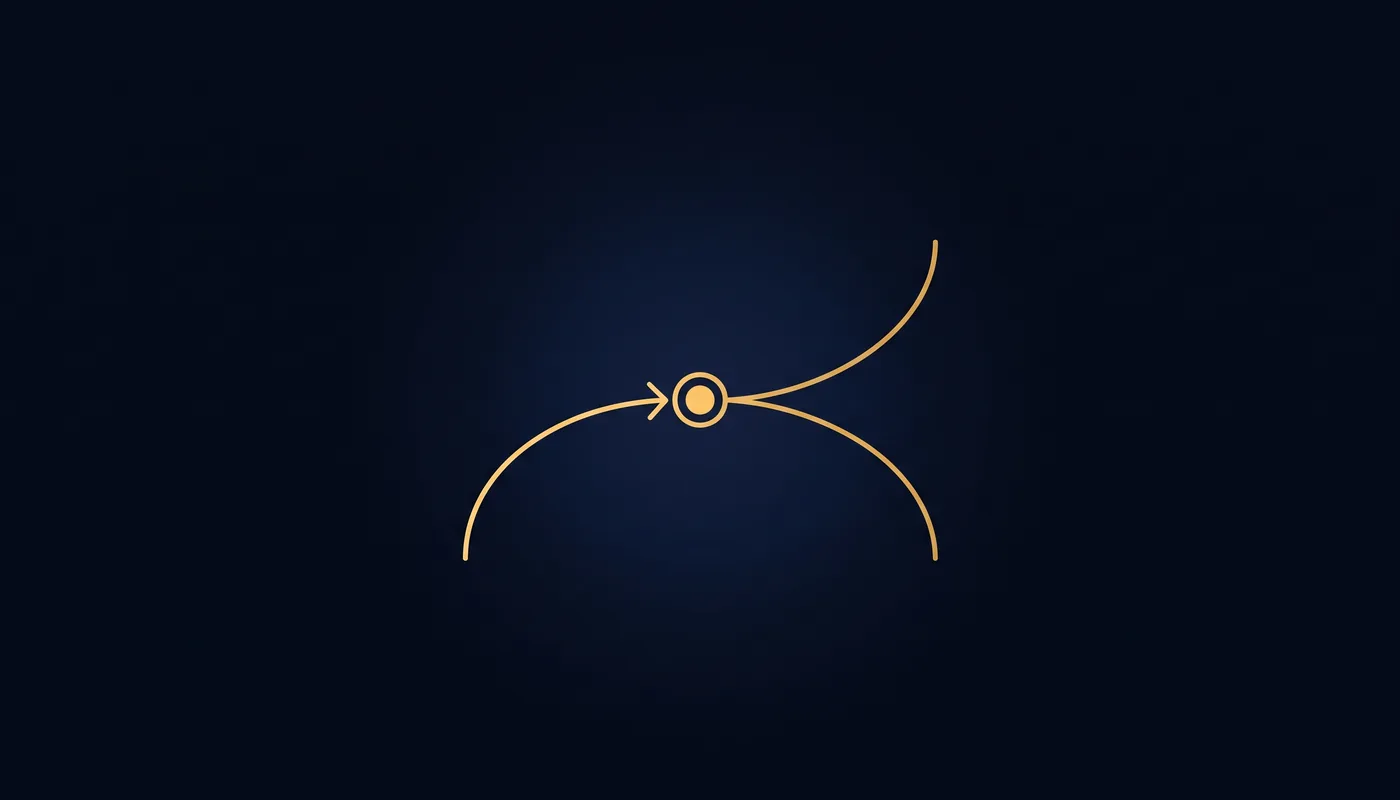 Simple line-art node with one incoming curved line branching into two outgoing lines