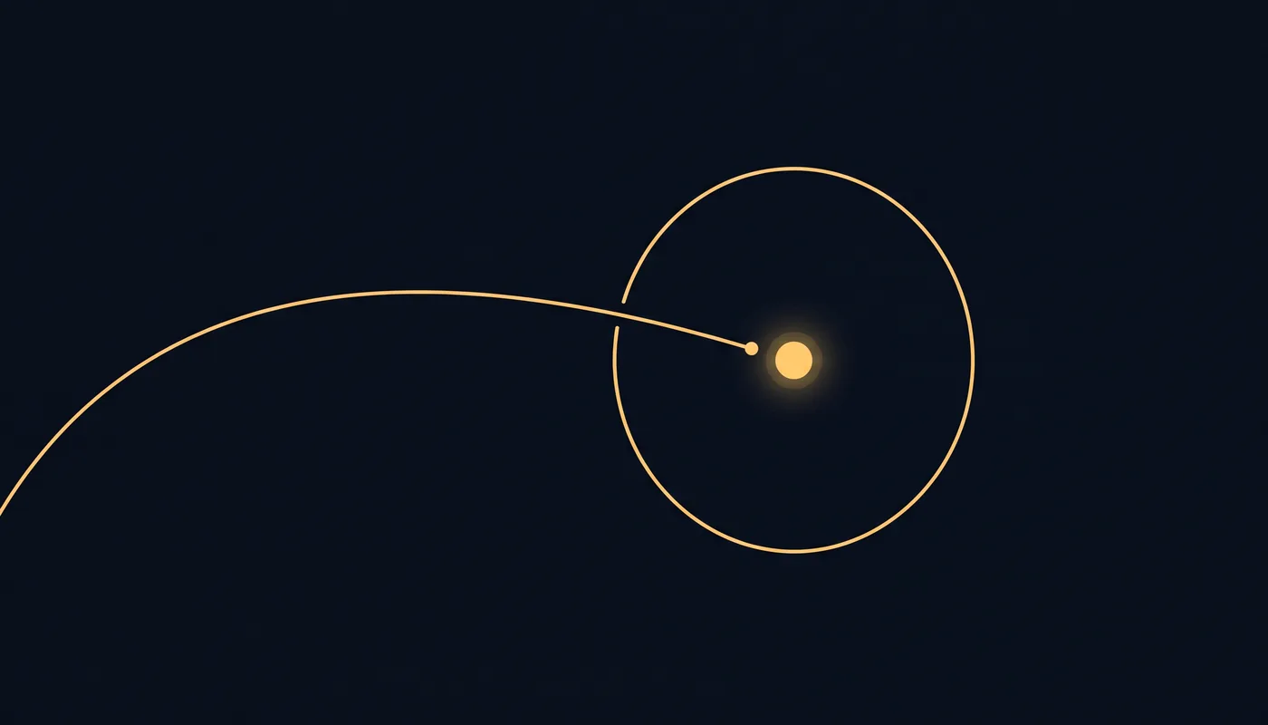 Flat line-art of a circular orbit around a bright central dot with one curved line pointing inward