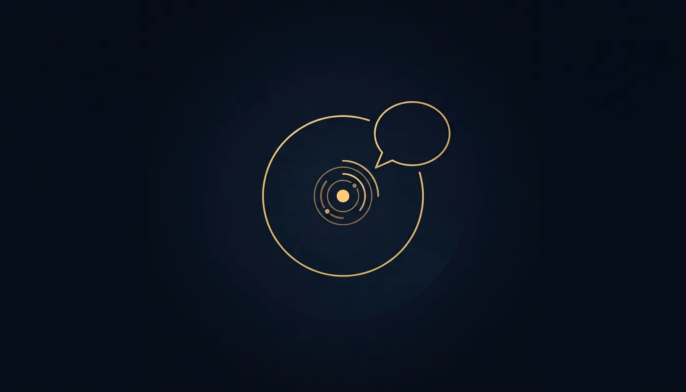 Flat line-art speech bubble circling a central dot, joined by a curved signal arc