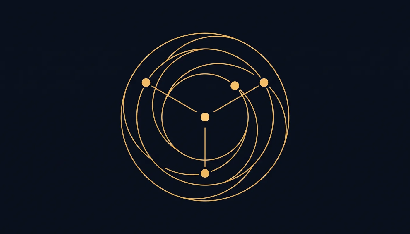Three outer nodes on arcs, each with a line pointing inward to converge on one solid central dot