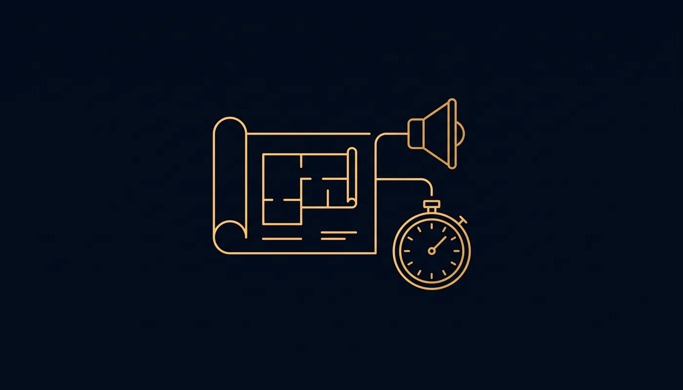 Line-art blueprint roll linked by one line to a speaker, beside a small stopwatch dial