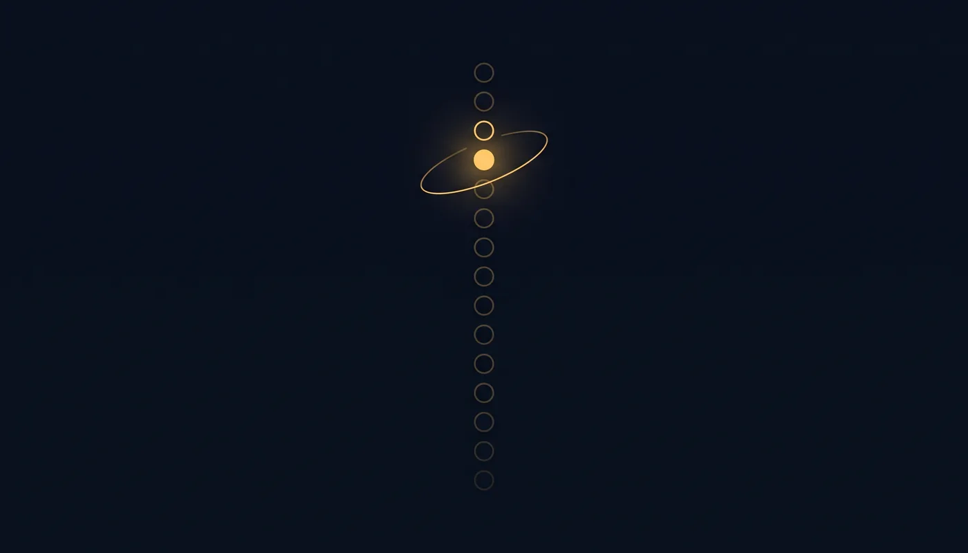 Column of hollow dark dots with one solid gold dot ringed by a thin circle