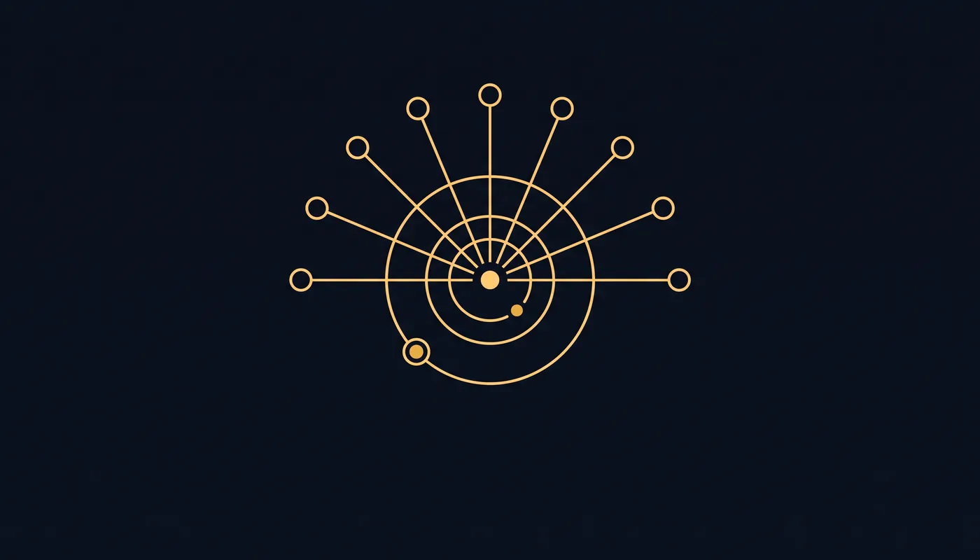 Multiple identical nodes in an arc, lines converging to one ringed central dot