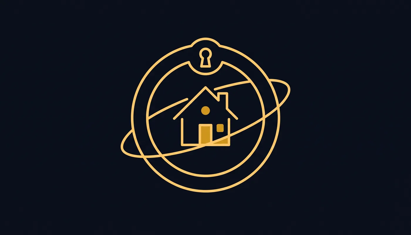 Flat line-art of a house symbol wrapped by an orbital ring shaped into a locked loop with a keyhole