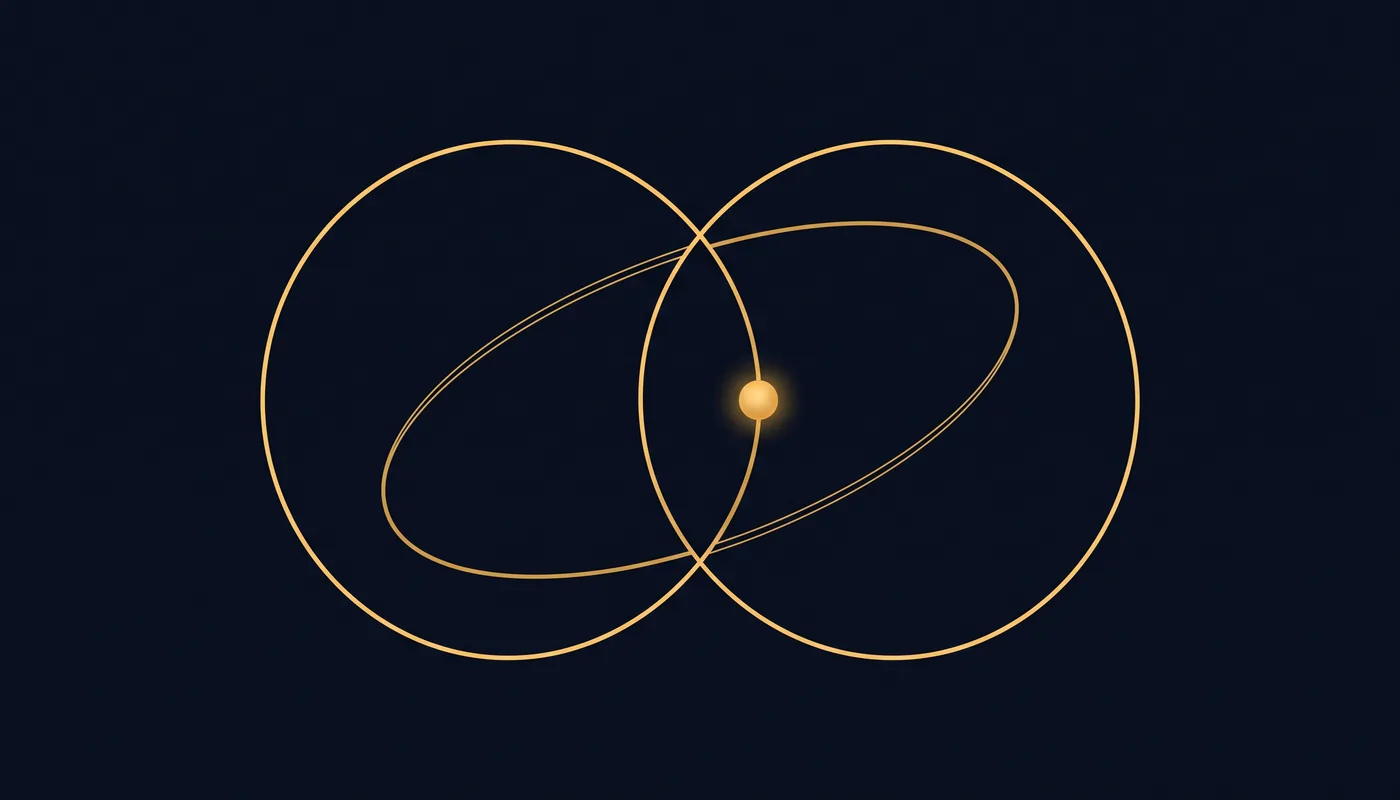Two intersecting orbital rings passing a single small filled circle between them, drawn in flat line-art