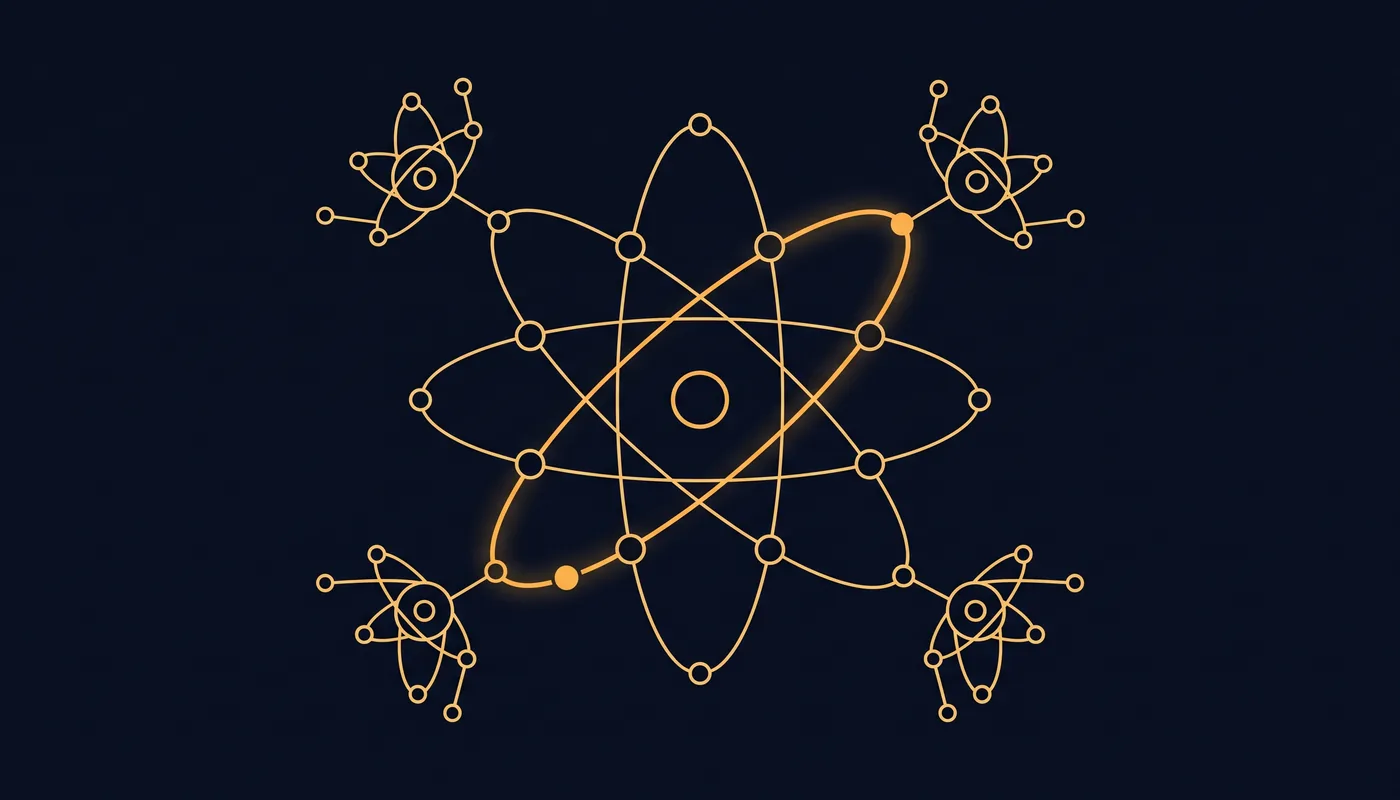 Line-art central circle connected by curving orbital paths to several smaller circles, one path highlighted
