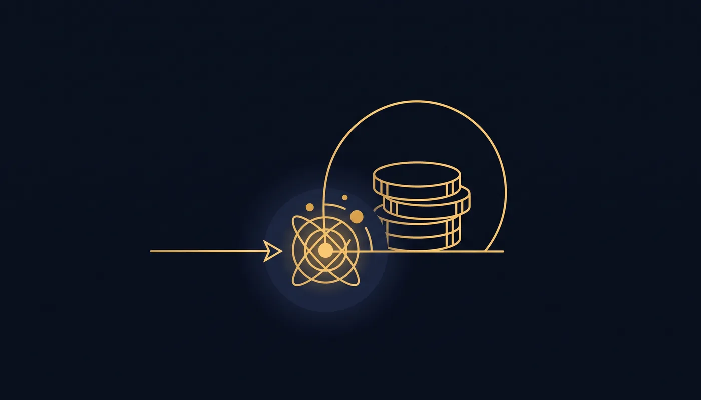 A line meeting a lit central circle whose glow curves over a small stack of coins behind it
