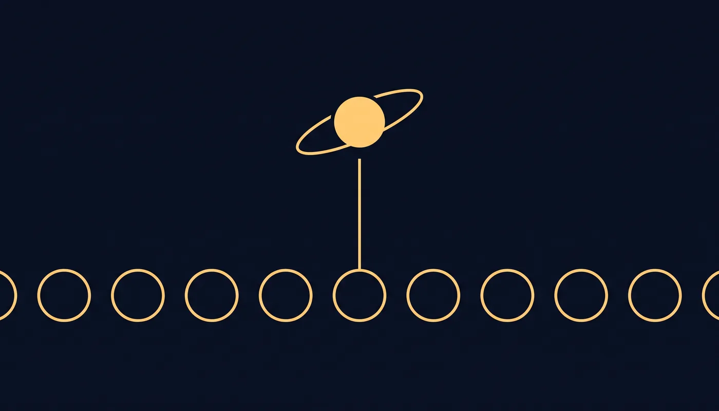 One filled dot raised on a beam above a line of empty circles, encircled by a thin orbital ring
