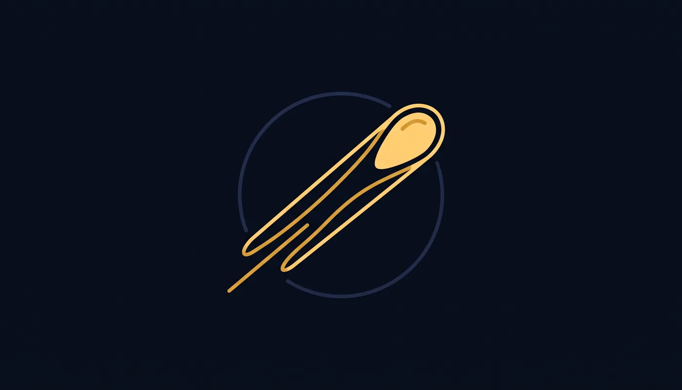 One elongated gold grain drawn as a streak crossing a thin curved navy line