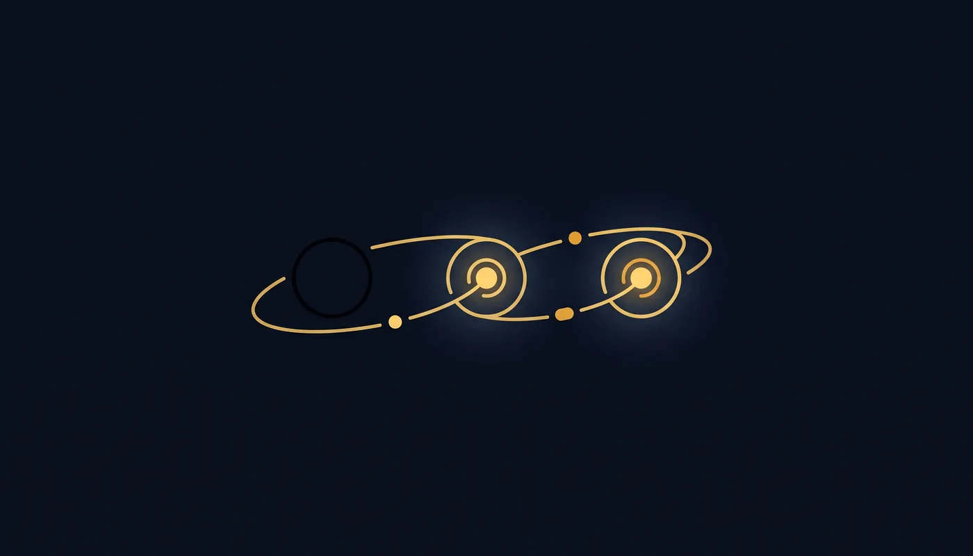 Line-art chain of three connected circles; leftmost circle is empty and dark, breaking the link to two filled circles