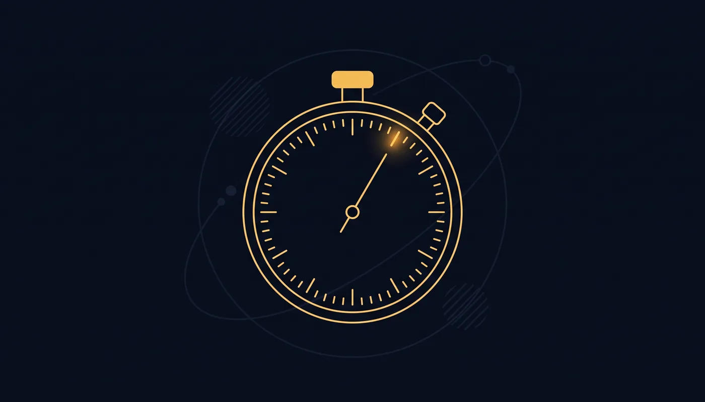 Line-art stopwatch with sweep hand just past twelve and a single glowing tick near the top