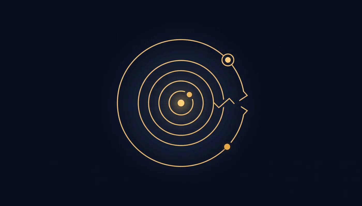 One lit dot emitting a concentric ring that intercepts a small marker before a jagged crack line