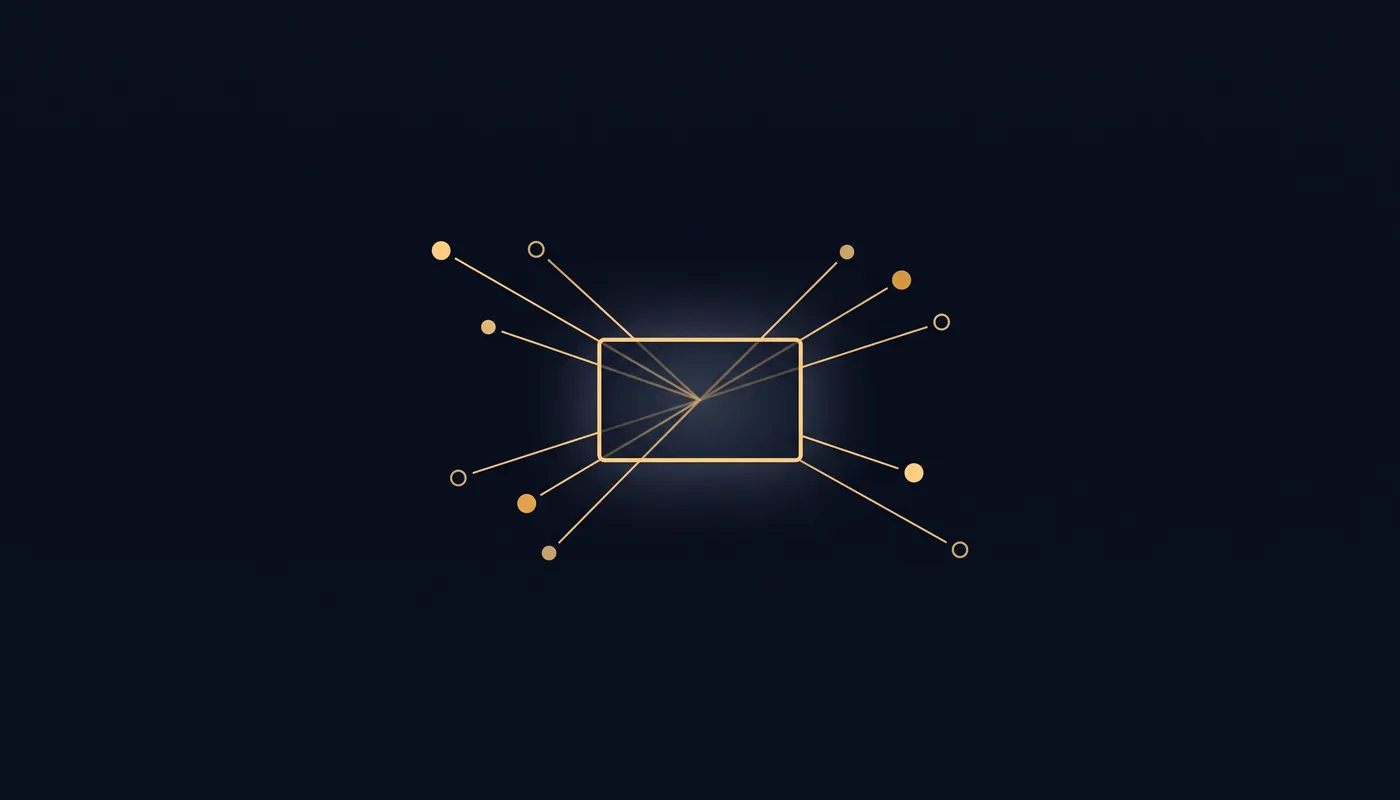 Small orbiting dots emit converging light lines onto a central rectangle that shines only from their combined external glow