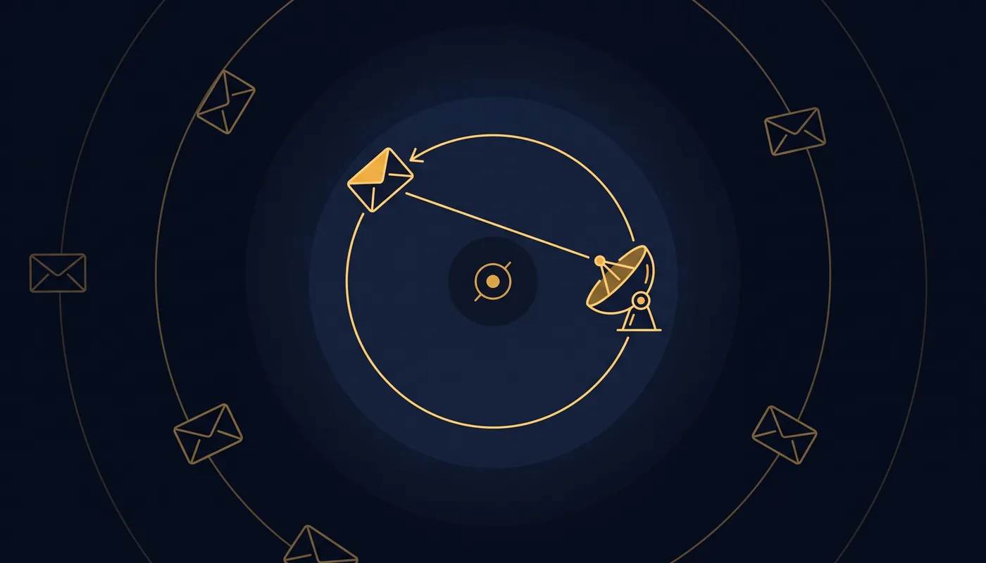 Line-art envelope linked by one arc to a small satellite dish while other envelopes float away unconnected