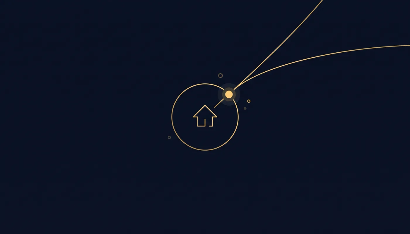 Line-art home icon with an orbiting glowing dot and one line curving inward from outside