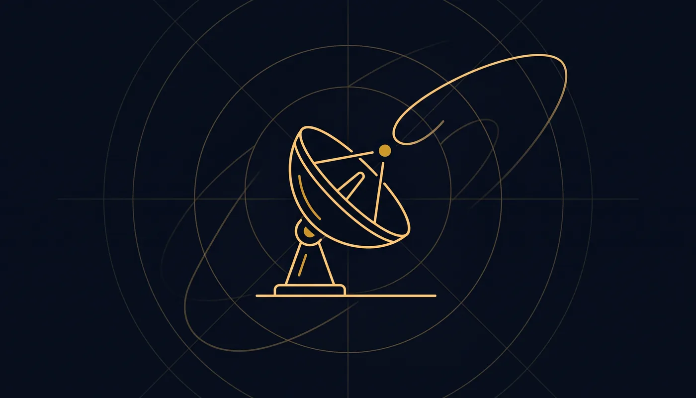 Line-art satellite dish receiving one curved signal pulse from above in an otherwise empty frame