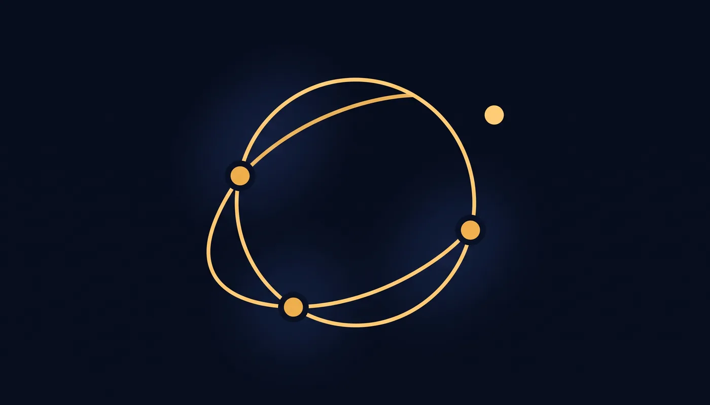 A single orbital loop threading three connected dots; one isolated dot sits outside, unattached to the ring