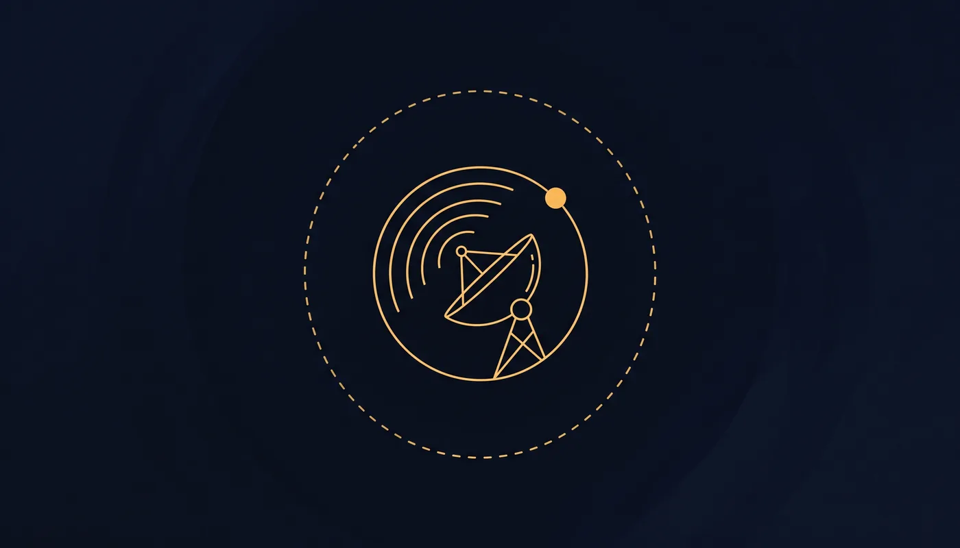 Line-art antenna funneling incoming arcs into a solid orbit ring beside an empty dashed ring