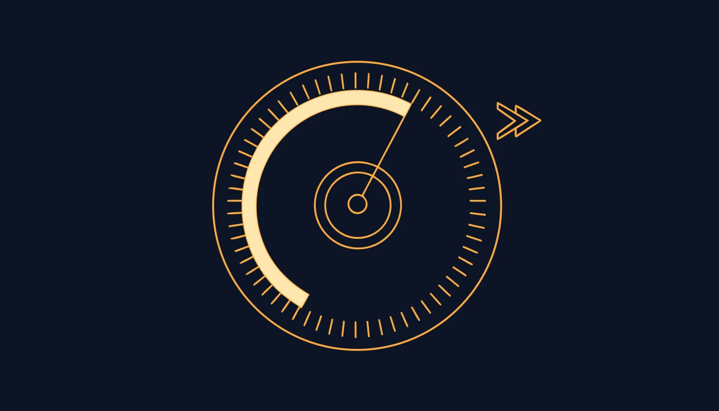 A stopwatch gauge with a sweeping arc racing forward past tick marks