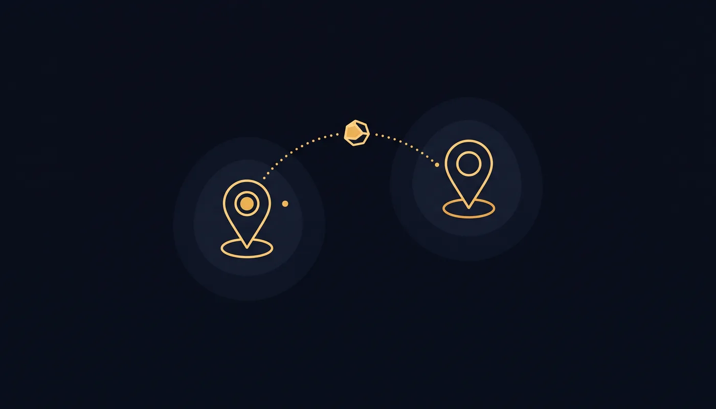 Two node markers joined by a dashed line, a small gem-like token moving along it from one node to the other