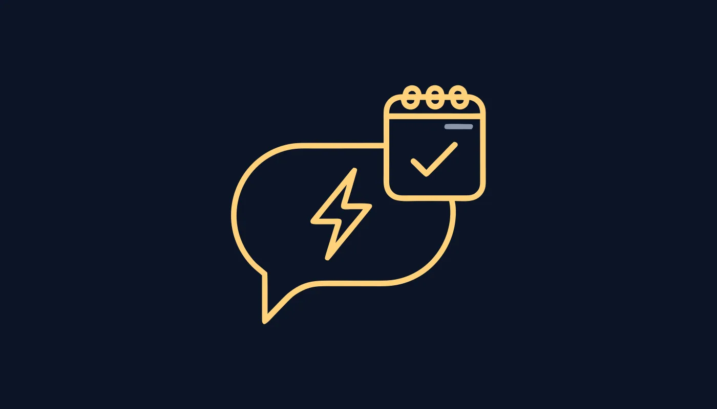 A chat bubble with a lightning bolt beside a calendar showing a checkmark
