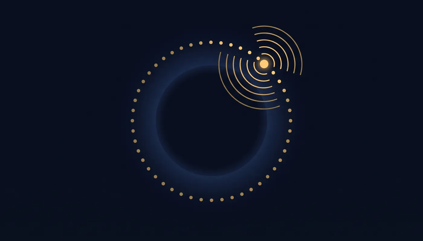 Circular arrangement of dim dots with a single bright dot radiating concentric arcs outward