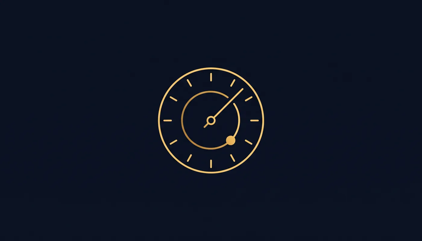 A simple line-art stopwatch dial with a single sweeping hand and a small node orbiting toward the center