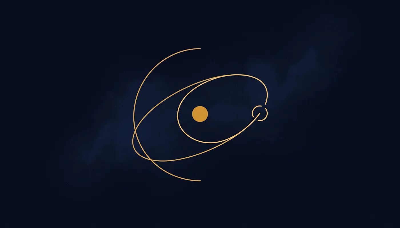 A returning orbital arc curving into a small open ring gate beside a central node, flat line-art