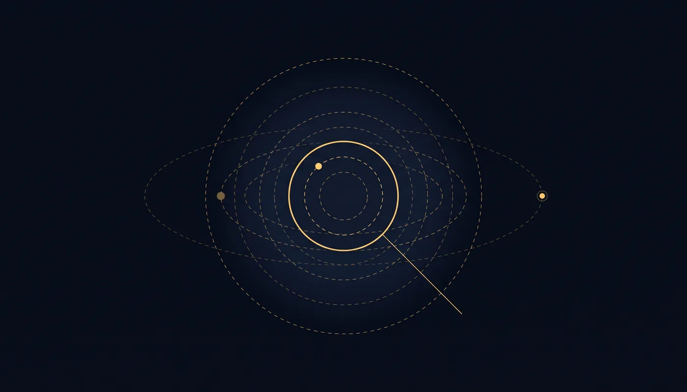 Several dashed faint circles and one solid crisp circle, a thin line pointing to the solid one