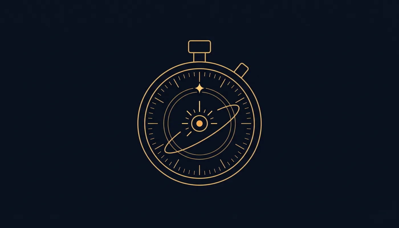 Line-art stopwatch with orbital sweep hand and a single gold spark at the first mark