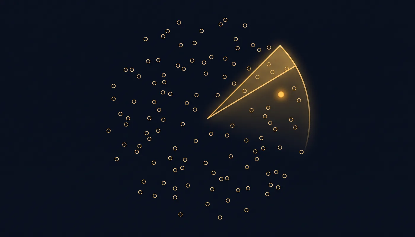 A sweeping scan arc over scattered dots, one dot filled and glowing within the beam, others empty outlines