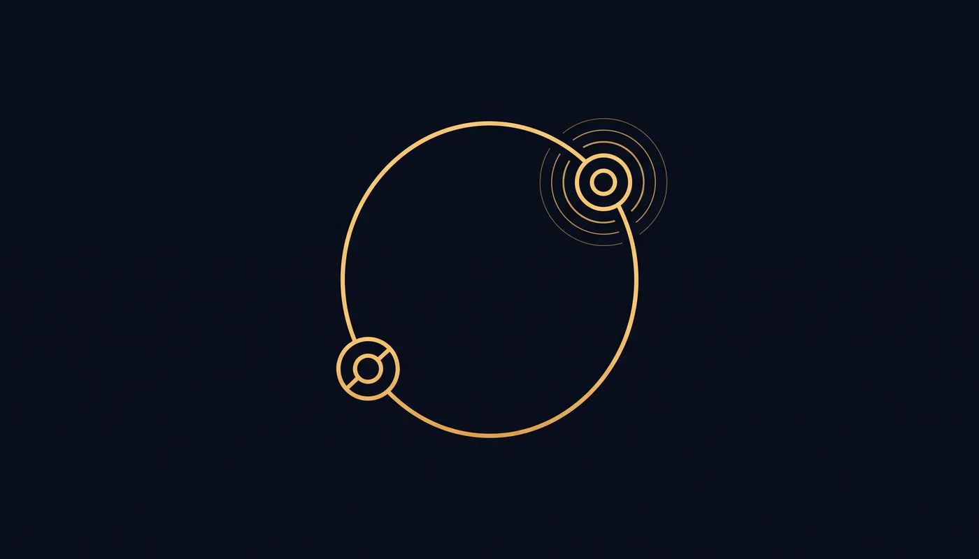 Two circular nodes connected by an arc, one emitting concentric expanding rings, in flat gold line-art