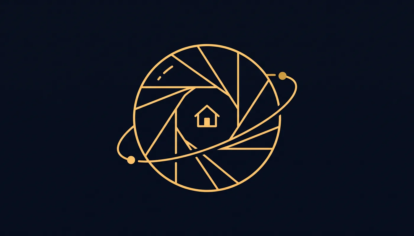 A camera aperture drawn as an orbital ring of angled blades surrounding a small house symbol at its center.