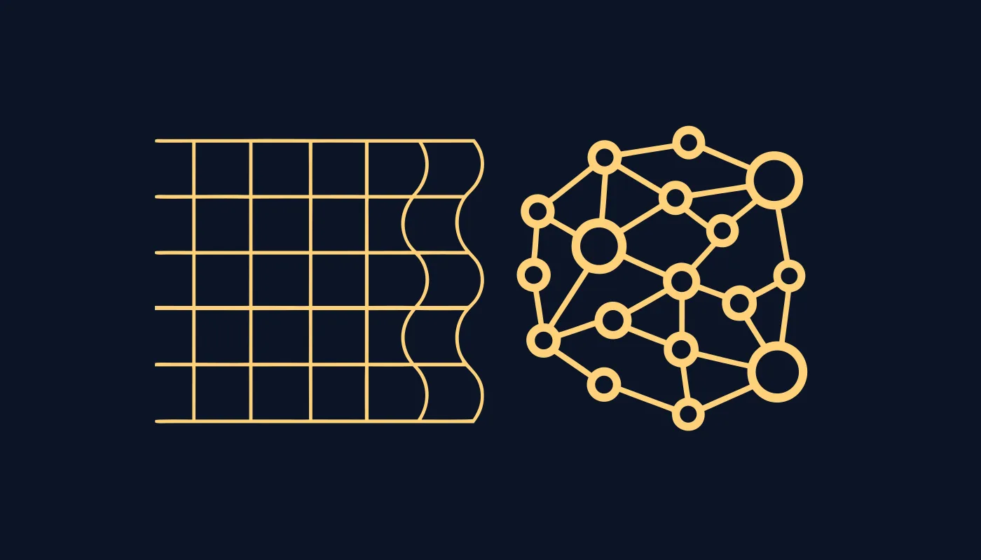 A rigid grid on the left transforming into a connected network of nodes on the right